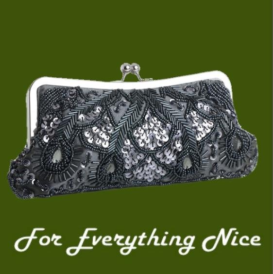 Image 0 of Pewter Satin Beaded Bejeweled Sequined Evening Bag Bridal Purse