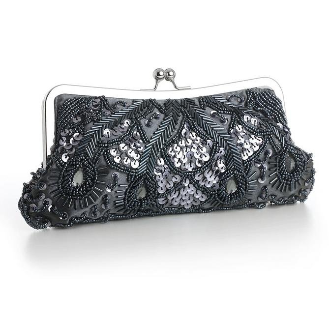 Image 1 of Pewter Satin Beaded Bejeweled Sequined Evening Bag Bridal Purse