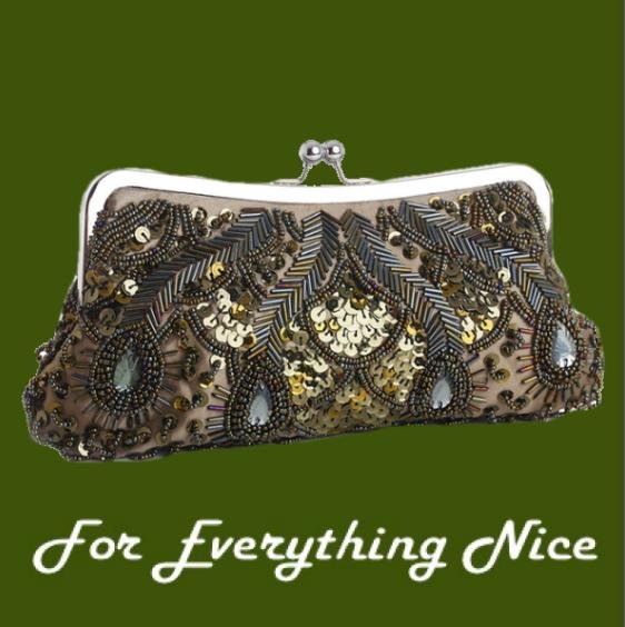 Image 0 of Olive Green Satin Beaded Bejeweled Sequined Evening Bag Bridal Purse