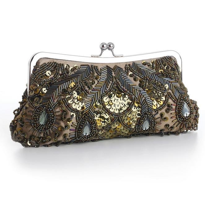 Image 1 of Olive Green Satin Beaded Bejeweled Sequined Evening Bag Bridal Purse
