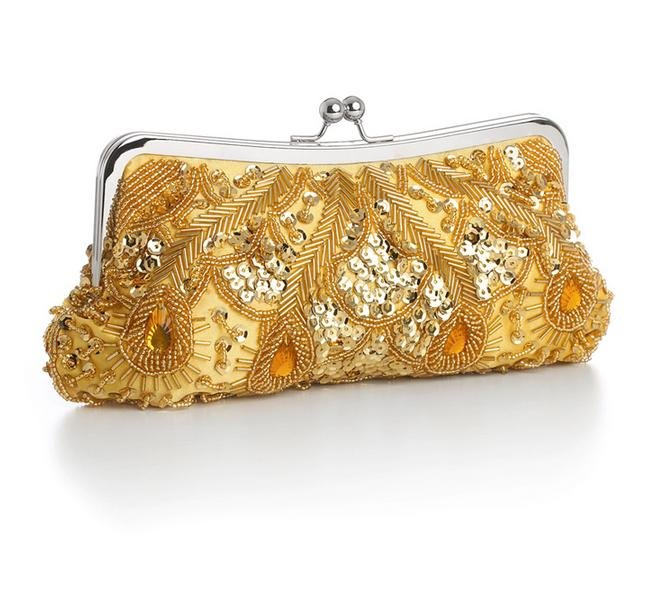 Image 1 of Gold Satin Beaded Bejeweled Sequined Evening Bag Bridal Purse