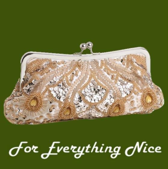 Image 0 of Champagne Satin Beaded Bejeweled Sequined Evening Bag Bridal Purse