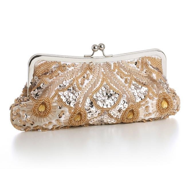 Image 1 of Champagne Satin Beaded Bejeweled Sequined Evening Bag Bridal Purse