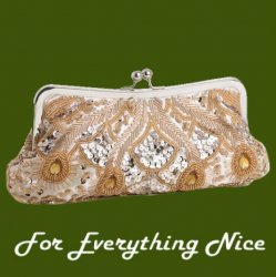 Champagne Satin Beaded Bejeweled Sequined Evening Bag Bridal Purse