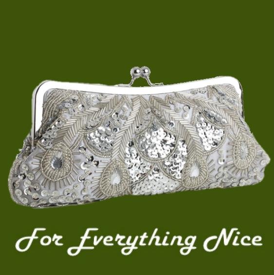 Image 0 of Silver Satin Beaded Bejeweled Sequined Evening Bag Bridal Purse