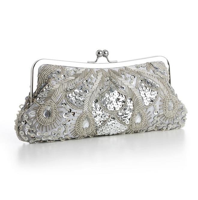 Image 1 of Silver Satin Beaded Bejeweled Sequined Evening Bag Bridal Purse
