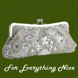 Silver Satin Beaded Bejeweled Sequined Evening Bag Bridal Purse