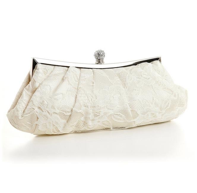 Image 1 of Ivory Lace Satin Pleated Bejeweled Evening Bag Bridal Purse
