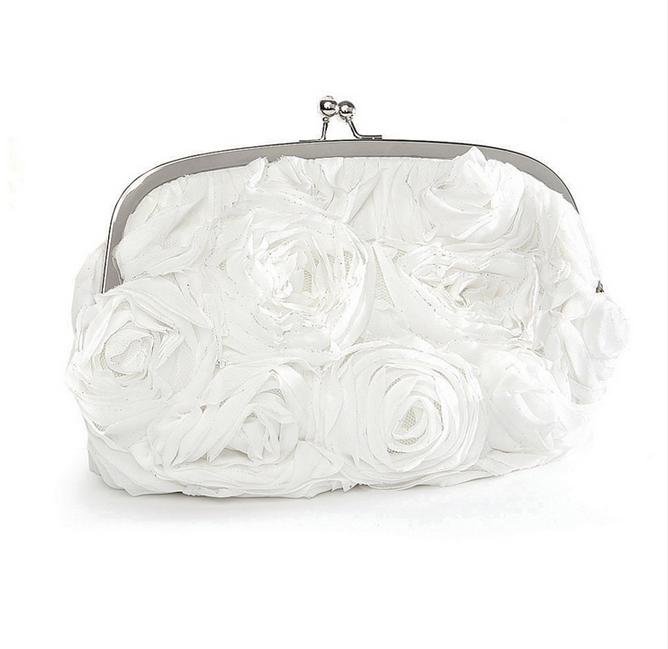 Image 1 of Ivory Creme Ruffle Roses Crystal Accents Evening Bag Bridal Purse
