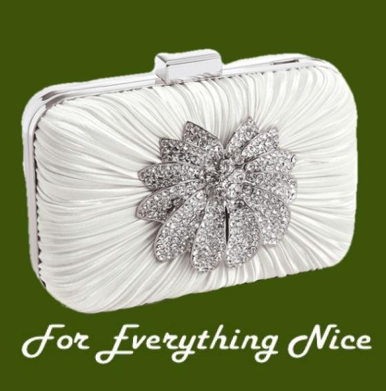 Image 0 of Ivory Pleated Satin Crystal Bejeweled Flower Minaudiere Evening Bag Bridal Purse