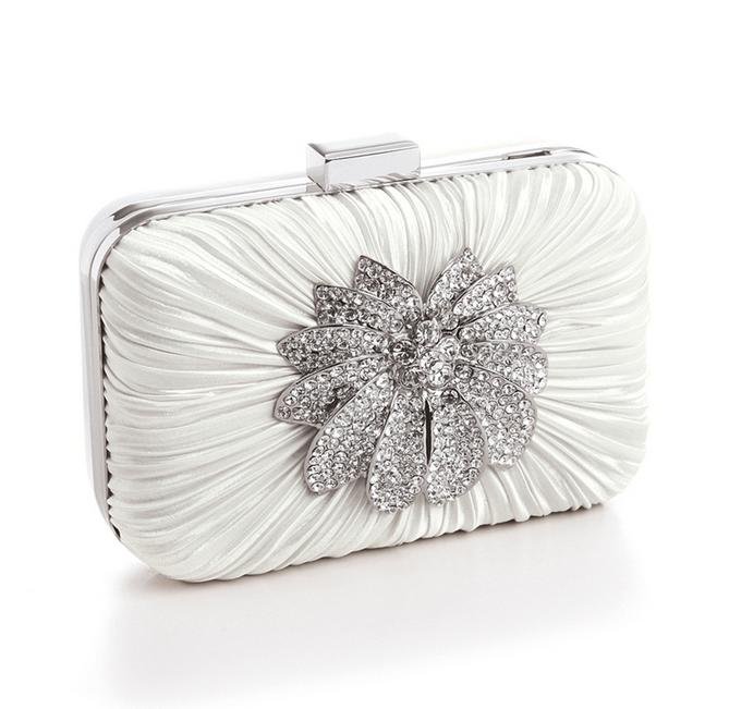 Image 1 of Ivory Pleated Satin Crystal Bejeweled Flower Minaudiere Evening Bag Bridal Purse