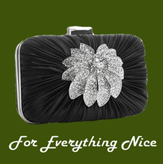 Image 0 of Black Pleated Satin Crystal Bejeweled Flower Minaudiere Evening Bag Bridal Purse