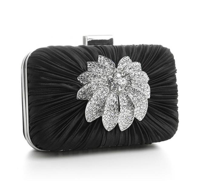 Image 1 of Black Pleated Satin Crystal Bejeweled Flower Minaudiere Evening Bag Bridal Purse