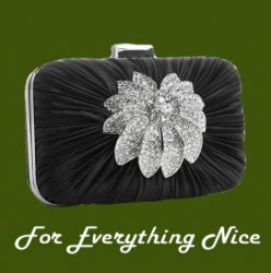 Black Pleated Satin Crystal Bejeweled Flower Minaudiere Evening Bag Bridal Purse