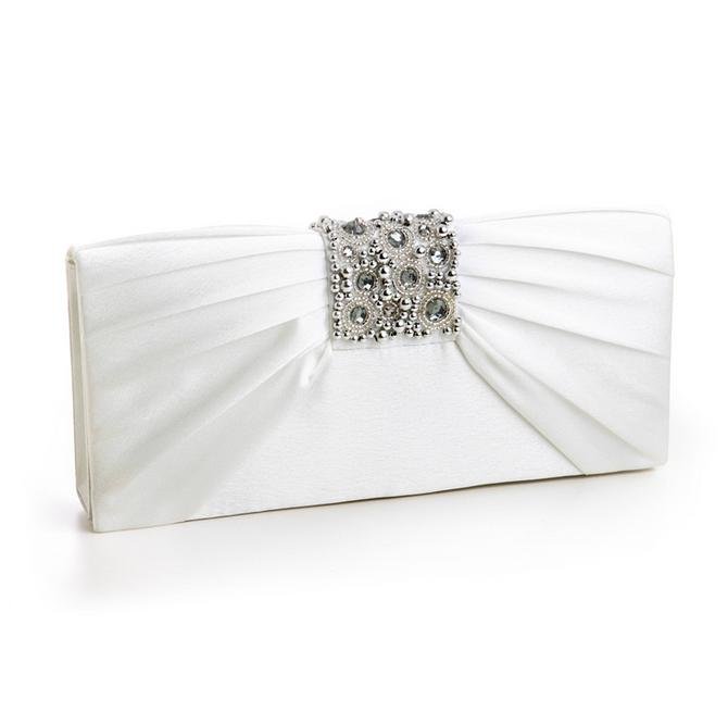 Image 1 of Ivory Gathered Pleats Satin Bejeweled Accents Evening Bag Bridal Purse