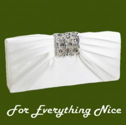 Ivory Gathered Pleats Satin Bejeweled Accents Evening Bag Bridal Purse