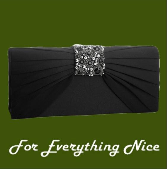 Image 0 of Black Gathered Pleats Satin Bejeweled Accents Evening Bag Bridal Purse