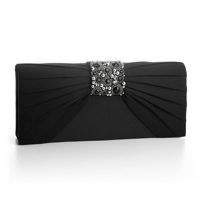 Image 1 of Black Gathered Pleats Satin Bejeweled Accents Evening Bag Bridal Purse