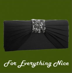 Black Gathered Pleats Satin Bejeweled Accents Evening Bag Bridal Purse