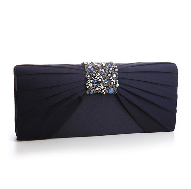 Image 1 of Navy Gathered Pleats Satin Bejeweled Accents Evening Bag Bridal Purse