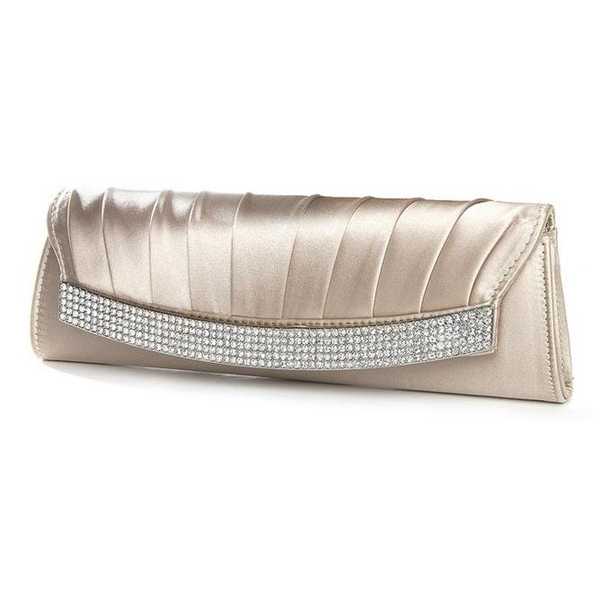 Image 1 of Taupe Satin Pleated Inlaid Crystal Trim Evening Bag Bridal Purse