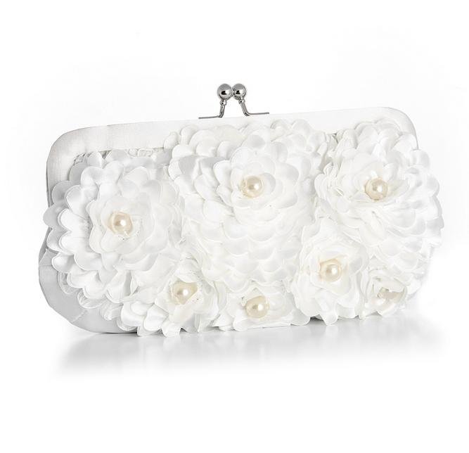 Image 1 of White Silk Floral Cream Pearl Accents Evening Bag Bridal Purse