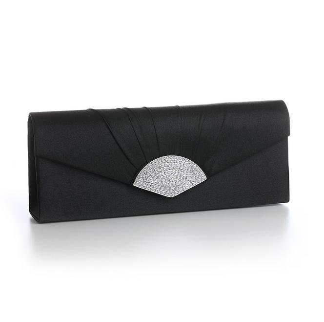 Image 1 of Black Satin Pleated Crystal Bejeweled Fan Clasp Evening Bag Bridal Purse