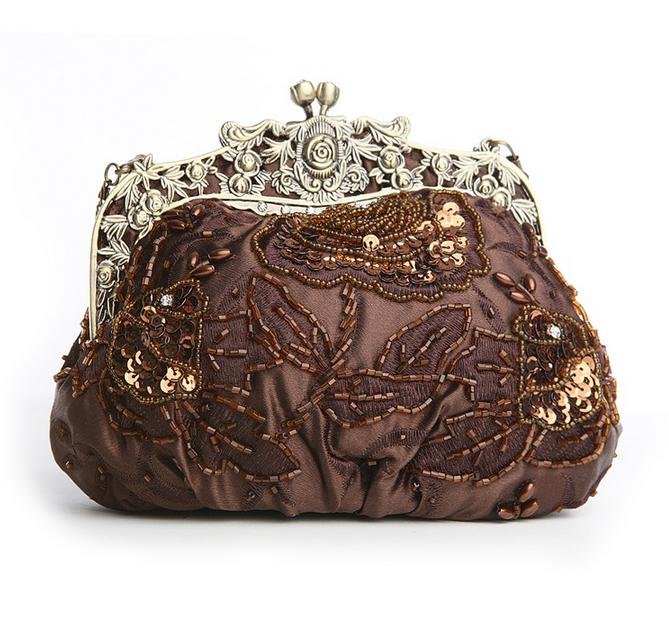 Image 1 of Copper Antique Frame Beaded Bejeweled Sequined Evening Bag Bridal Purse