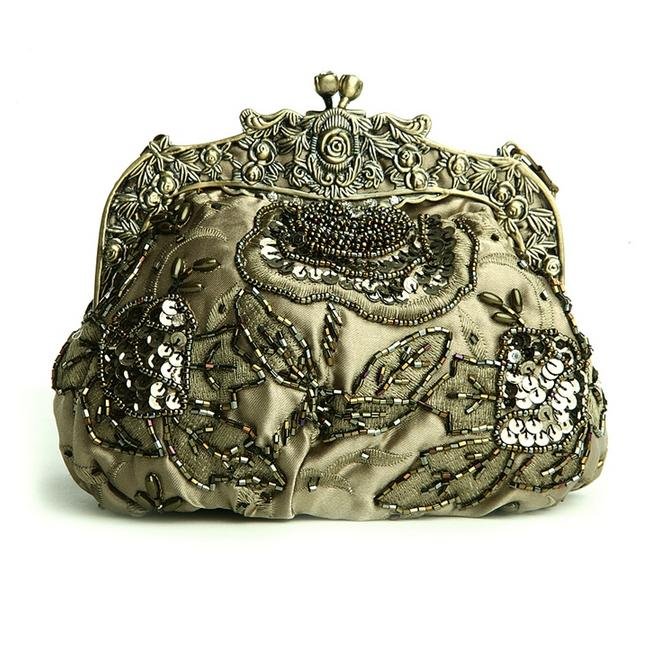 Image 1 of Olive Antique Frame Beaded Bejeweled Sequined Evening Bag Bridal Purse