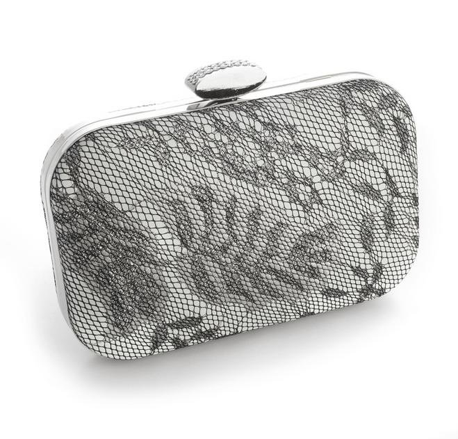 Image 1 of Silver Satin Shimmer Lace Overlay Minaudiere Evening Bag Bridal Purse