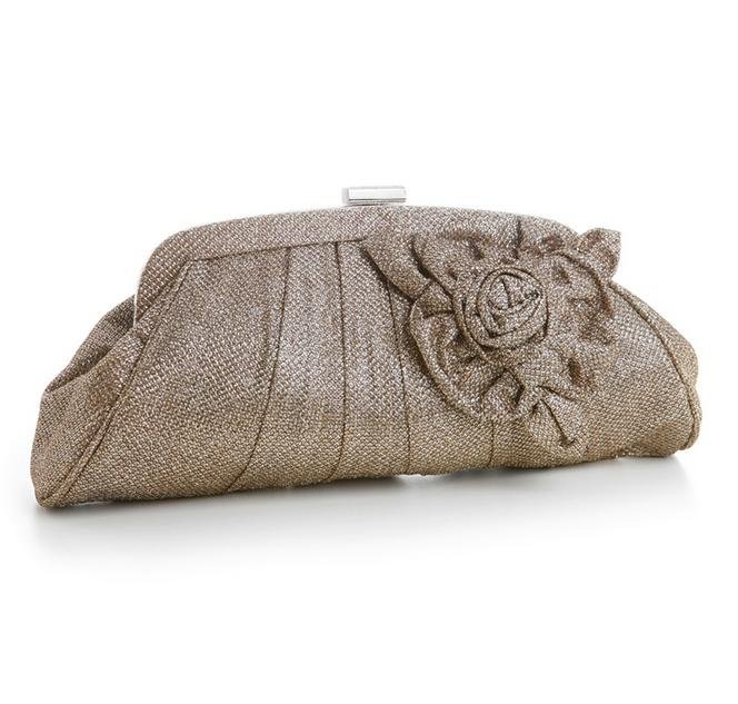 Image 1 of Beige Pleated Metallic Thread Floral Detail Evening Bag Bridal Purse