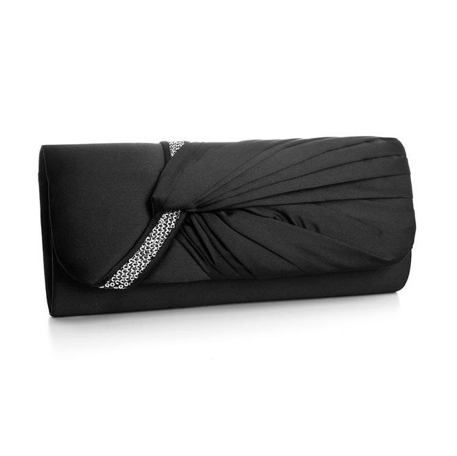 Image 1 of Black Gathered Pleats Satin Sequin Accents Evening Bag Bridal Purse