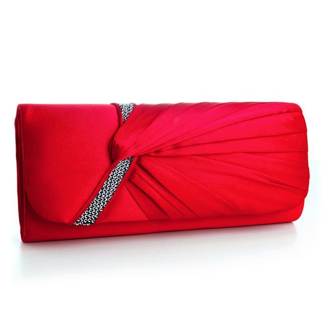 Image 1 of Scarlet Red Gathered Pleats Satin Sequin Accents Evening Bag Bridal Purse
