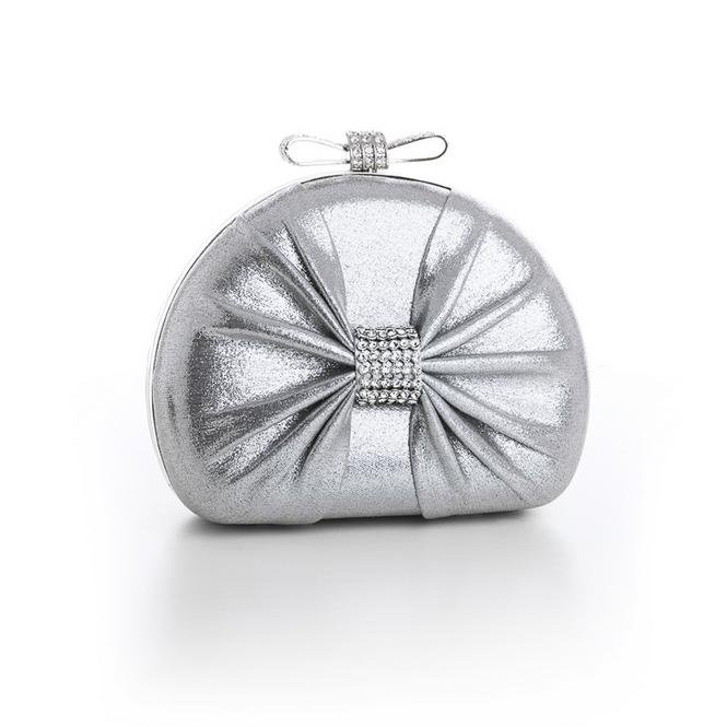 Image 1 of Silver Sparkle Bejeweled Bow Clasp Minaudiere Evening Bag Bridal Purse