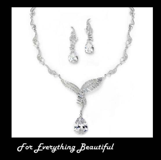 Image 0 of Scalloped Wings Baguette Pear Drop Wedding Necklace Earring Jewellery Set