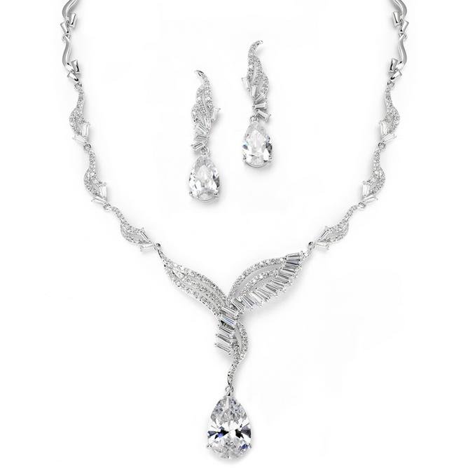 Image 1 of Scalloped Wings Baguette Pear Drop Wedding Necklace Earring Jewellery Set