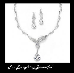Scalloped Wings Baguette Pear Drop Wedding Necklace Earring Jewellery Set