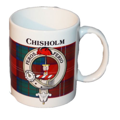 Image 1 of Chisholm Tartan Clan Crest Ceramic Mugs Chisholm Clan Badge Mugs Set of 2