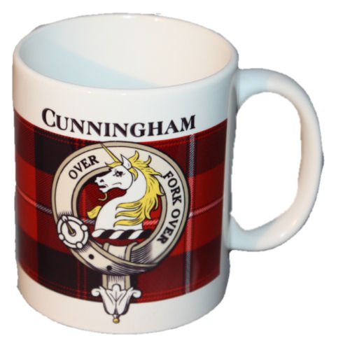 Image 1 of Cunningham Tartan Clan Crest Ceramic Mugs Cunningham Clan Badge Mugs Set of 2