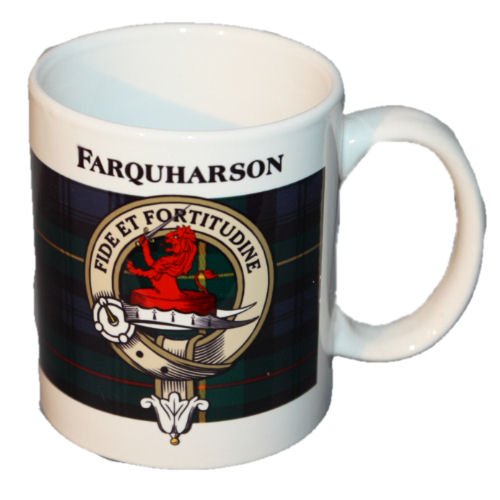 Image 1 of Farquharson Tartan Clan Crest Ceramic Mugs Farquharson Clan Badge Mugs Set of 2