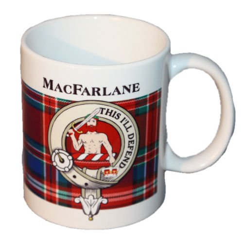 Image 1 of MacFarlane Tartan Clan Crest Ceramic Mugs MacFarlane Clan Badge Mugs Set of 2