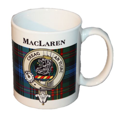 Image 1 of MacLaren Tartan Clan Crest Ceramic Mugs MacLaren Clan Badge Mugs Set of 2