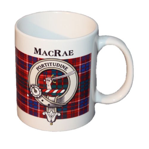 Image 1 of MacRae Tartan Clan Crest Ceramic Mugs MacRae Clan Badge Mugs Set of 2