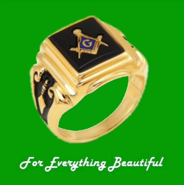 Image 0 of Masonic Black Onyx Rectangular Antiqued 14K Yellow Gold Band Ring