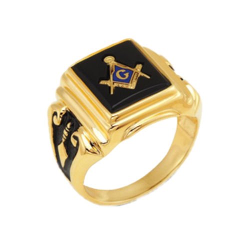 Image 1 of Masonic Black Onyx Rectangular Antiqued 14K Yellow Gold Band Ring