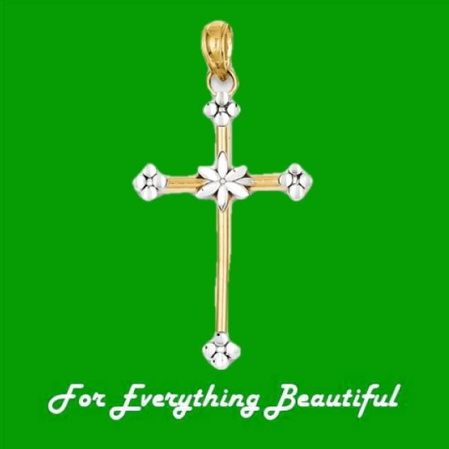 Image 0 of Budded Cross Floral Rhodium Accented 14K Yellow Gold Pendant Charm