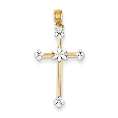 Image 1 of Budded Cross Floral Rhodium Accented 14K Yellow Gold Pendant Charm
