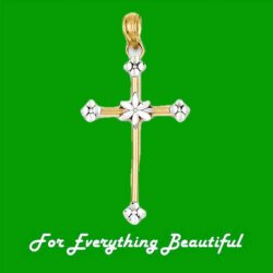 Budded Cross Floral Rhodium Accented 14K Yellow Gold Pendant Charm