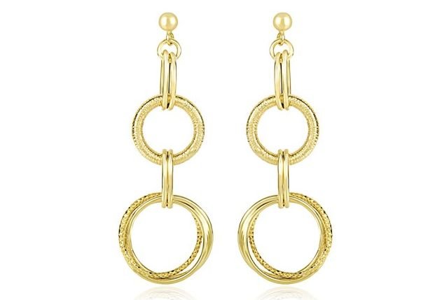 Image 1 of 14K Yellow Gold Interlinked Textured Smooth Circle Drop Earrings 