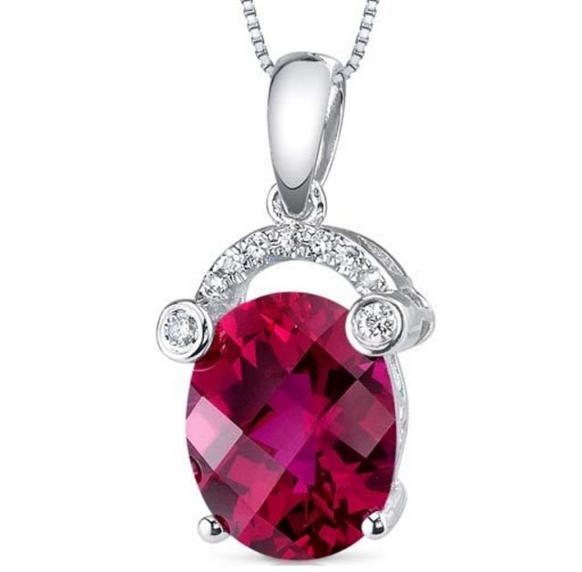 Image 1 of Red Ruby Oval Checkerboard Diamond Accent 14K White Gold Pendant